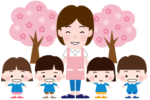 桜の木と先生と園児達